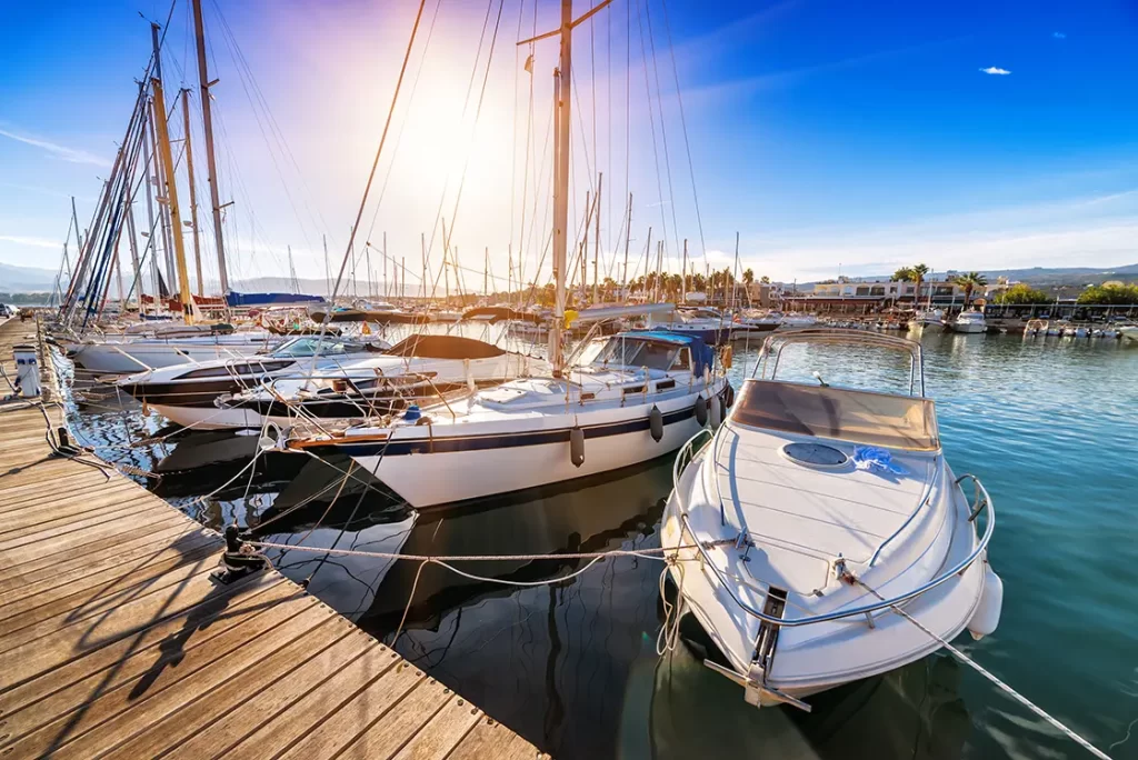 Various yachts in a bay.